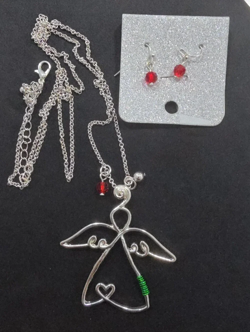 Minimalist Wire Art Angel Heart Jewelry Set with Matching Drop Earrings